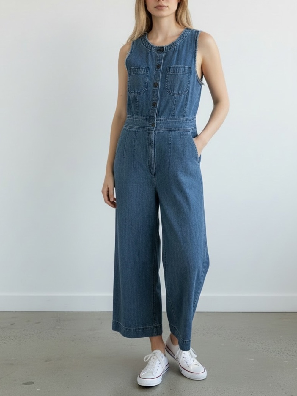 J crew Point Sur 100% Cotton Blue Sleeveless Patch-pocket utility denim jumpsuit
